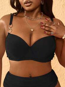 Swim Lushoire Top de traje de baño de talla grande para mujer, color negro sólido, con aro metálico, ajustable y con tirantes gruesos, nueva llegada 2026, gran - Negro - Ver 4