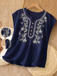 Rusticease Women's Summer Vacation Casual Embroidered Blouse - Navy Blue - View 1