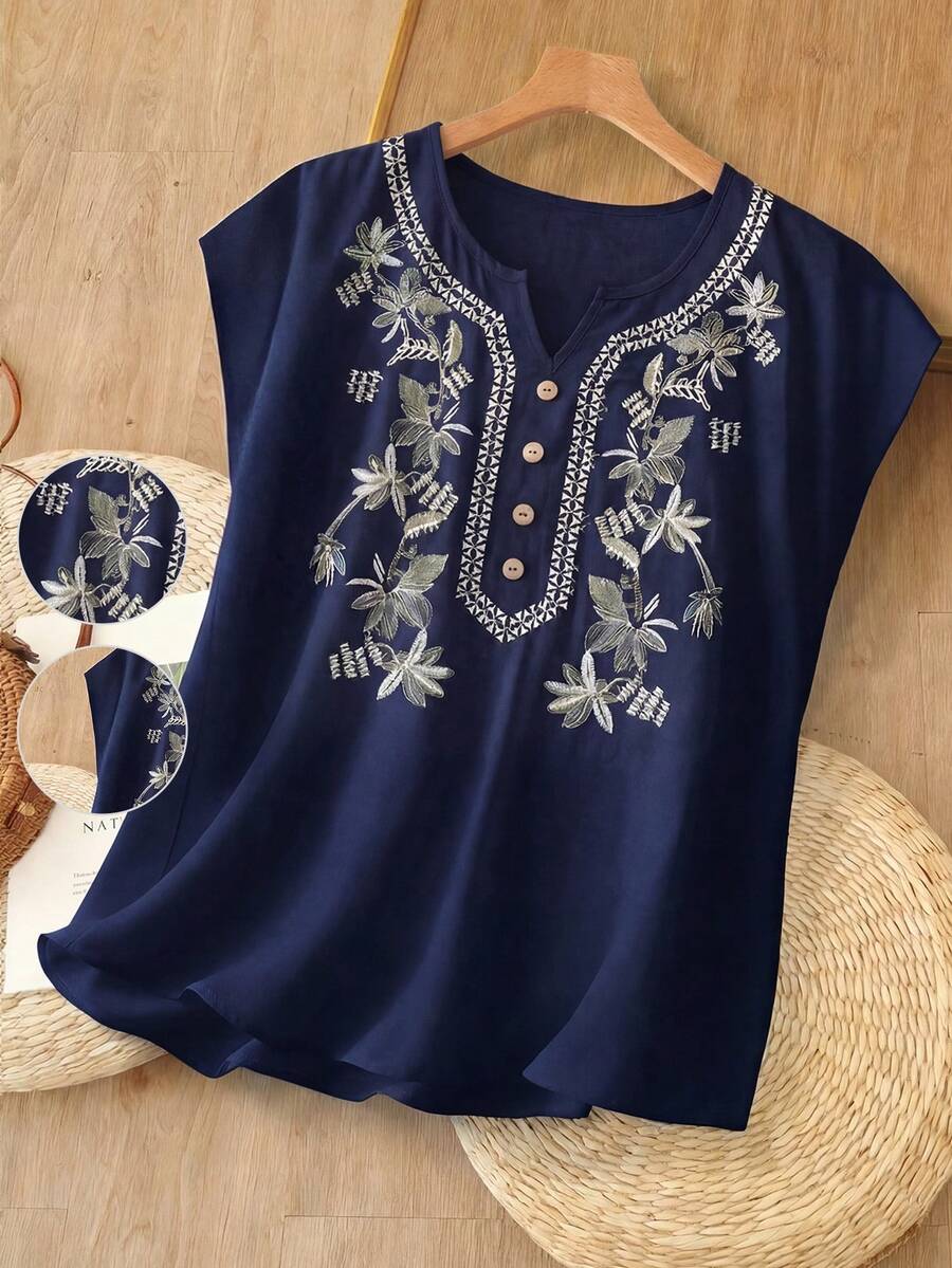 Rusticease Women's Summer Vacation Casual Embroidered Blouse - Navy Blue - View 1