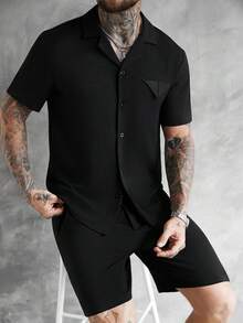 SLATEMANN Men's Comfortable Crinkle Fabric Short Sleeve Single Pocket Shirt And Elastic Waist Shorts Set, Suitable For Casual Vacation, Hangout With Friends, Party, Office, And Business Occasions, Ideal For Spring And Summer Mans Outfit Men Outfits 2 Piece Male Outfit Mens Two Piece Sets Black Outfit For Men - Black - View 6