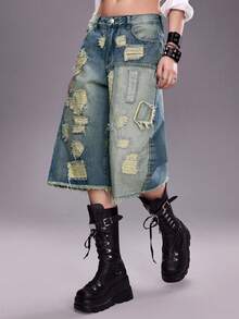 ROMWE Avant Quần jeans lửng nữ cạp thấp, siêu rộng, rách rưới, phối nhiều mảnh vải. - Màu xanh lam - Xem 5