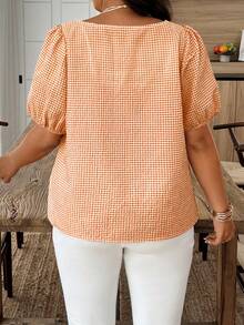 EMERY ROSE Plus Size Women Plaid 3D Floral Decor Short Puff Sleeve Shirt - Orange - View 2