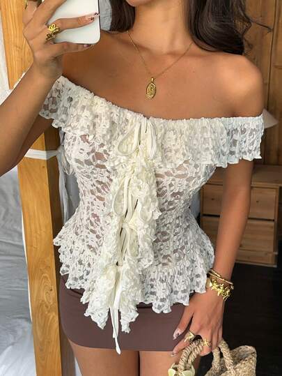 Aloruh Elegant One-Shoulder Black Lace Casual Top, Suitable For Commuting, Music Festivals, Concerts