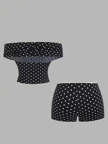 SHEIN Unity 女士休闲波点印花三合一上衣和低腰紧身短裤两件套，时尚百搭，适合日常穿着、派对和夏季通勤 - 黑與白 - 查看 7