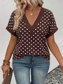 EMERY ROSE 新款大码女式休闲百搭V领波点巧克力色短袖T恤 - 彩色 - 查看 4