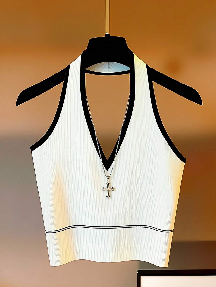 SHEIN Franclia Áo kiểu cổ yếm thanh lịch, áo kiểu casual phối đen trắng, thích hợp cho đi chơi, nghỉ mát, đi biển, mặc hàng ngày, áo mùa hè không tay kiểu cổ yếm. - trắng - Xem 1