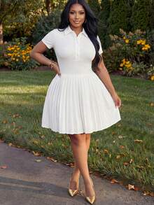 Veslaya 2026春夏大码女装音乐节、复活节、西部风情、游牧风、生日派对、毕业典礼、大学、学生、日常休闲、百搭、休闲、度假、邮轮、海滩、日光浴、爆款、街头风、婚礼宾客、通勤、早午餐、机场、派对、假日郊游、优雅宴会、舞会、休闲、高端优雅白色Polo领短袖修身褶皱迷你连衣裙 - 白色 - 查看 10