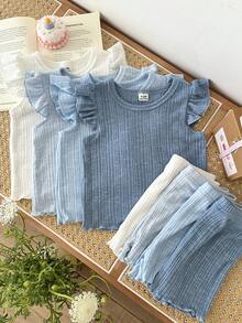 SHEIN 8件套/女婴0-3岁春夏新款休闲日常外出可爱纯色针织不对称罗纹短袖背心T恤上衣和短裤8件套 - 彩色 - 查看 5