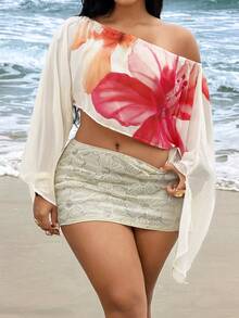 Rustia 大码女式露肩/斜肩复古修身宽松印花衬衫，适合度假、返校季、音乐节、春夏、科切拉音乐节/派对等场合，是度假的理想之选。 - 彩色 - 查看 3