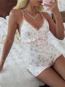 Lace Ditsy Floral Camisole Jumpsuit, Fresh And Sweet Loungewear - Pink - View 6