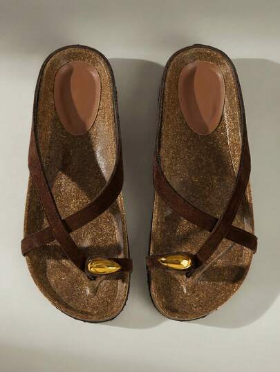 Solecia Women Shoes Spring And Summer Vacation Casual Cross Strap Gold Decorative Buckle Thick Bottom Slippers Seaside Vacation Wear Summer Shoes