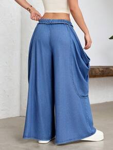 SHEIN Unity Women's Elastic Waist Pleated Casual Versatile Daily Wear Wide Leg Jeans - Blue - View 2