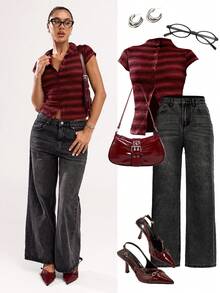 SHEIN BAE Camiseta de verano casual de mujer con cuello polo a rayas y botones delanteros - Rojo - Ver 7