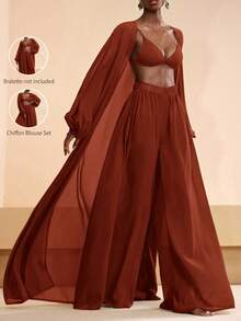 Zivah Women's Solid Color Robe And Elastic Waist Pants Casual Vacation Coverup Set Summer Beach - Redwood - View 8