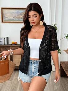 Breezaya Áo khoác cardigan ngắn tay cổ chữ V khoét lỗ dành cho nữ cỡ lớn - màu đen - Xem 6