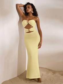 Opulessa Solid Color Knit Fitted Strapless Hollow Out Fishtail Dress For Women, Spring/Summer Vacation,Summer Dresses For Women - Light Yellow - View 6