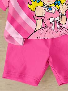 SHEIN 女童可爱卡通爱心印花休闲舒适圆领短袖T恤短裤两件套，适合春夏日常穿着、运动和户外活动 - 白色 - 查看 5