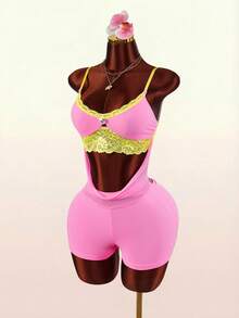 Amplova 女士蕾丝边休闲日常连体衣 - 粉色 - 查看 6