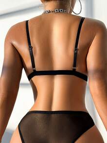 Romantic Lace Contrast Mesh Sheer Thong Panties - Black - View 3