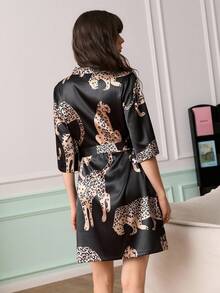 豹纹休闲度假中袖女式睡袍 - 彩色 - 查看 2