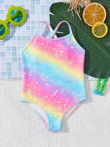 Baby Girl Floral Print Striped Flutter Sleeve One-Piece Swimsuit, Suitable For Beach Vacation, Pool Party, Beach Party,Kids - Multicolor - View 3