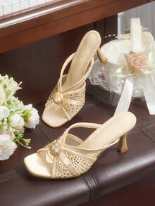 CUCCOO HITCHD Giày sandal cao gót mũi vuông phối lưới satin đính đá lấp lánh dành cho nữ, kiểu dáng gợi cảm, thích hợp cho các buổi tiệc tối. - Vàng - Xem 1