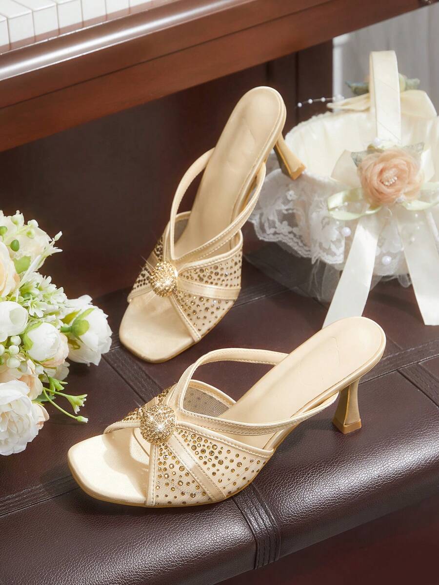 CUCCOO HITCHD Giày sandal cao gót mũi vuông phối lưới satin đính đá lấp lánh dành cho nữ, kiểu dáng gợi cảm, thích hợp cho các buổi tiệc tối. - Vàng - Xem 1