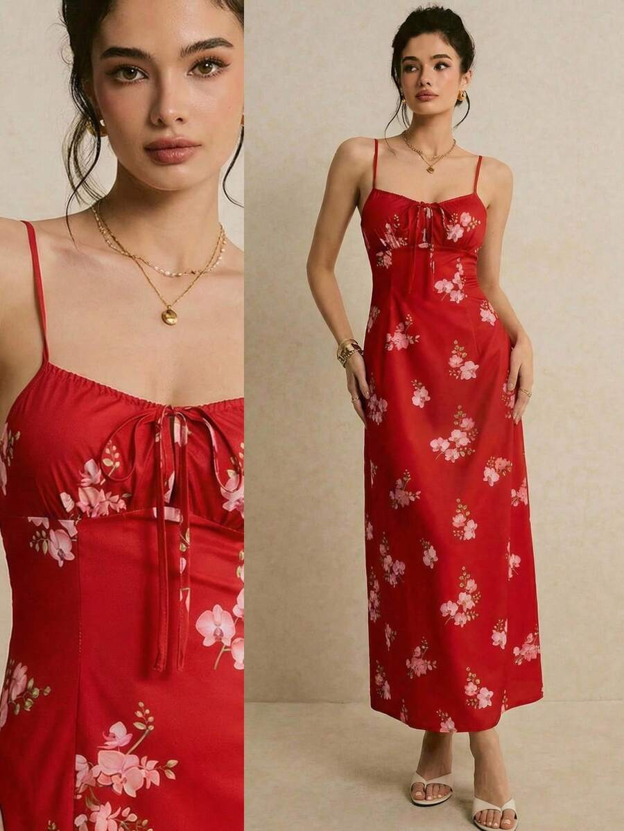 Poéselle 女士时尚度假印花吊带连衣裙 - 紅色 - 查看 1