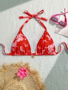 Swim Mod 大码女士热带花卉装饰时尚活力吊带比基尼上衣，适合夏季度假 - 紅色 - 查看 1