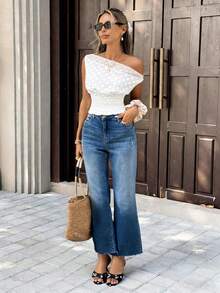 Cévolie 女士夏季新款休闲波点网纱不对称肩部无袖上衣，适合毕业季、时尚休闲通勤装、商务办公装、百搭日常休闲装以及都市教师职业装。 - 白色 - 查看 6