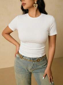 Freevana 大码女式夏季休闲通勤简约纯色罗纹褶裥修身短袖T恤 - 白色 - 查看 4