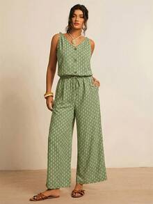 Freevana Jumpsuit Tanpa Lengan dengan Saku dan Tali Serut Pinggang Motif Cetak Seluruh Permukaan untuk Wanita Ukuran Besar - Hijau - View 3