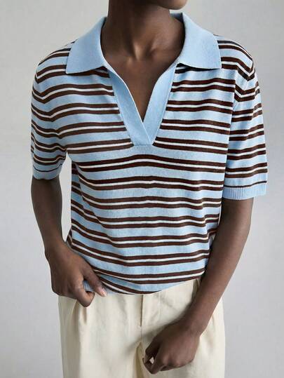 Ontre Versatile Collared Colorblock Striped Knit Short Sleeve Top All-Season Versatile Modern Urban Fashion Business Casual Women's Wear Office Attire Understated Old-Money Style, Elegant And Sophisticated, High-Quality Commuter And Airport Clothes Bohemian Style Vacation Outfits Seaside Women's Clothing, Country Music Concert Style, Western Style Clothing, Nomadic Casual Fashion Boho Blue And Brown Multicolored Stripes