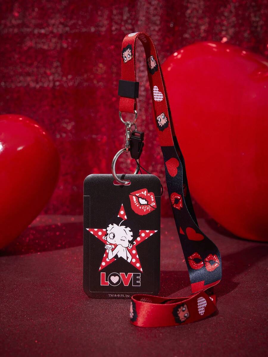 Betty Boop x SHEIN 贝蒂布挂绳，带证件卡套，可爱图案钥匙扣，配金属钥匙圈，女士/员工礼物 - 黑色 - 查看 1