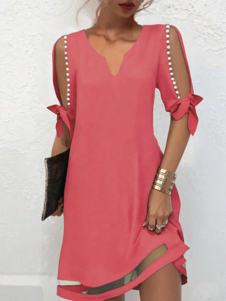 SHEIN Clasi Elegant Solid Color Hollow-Out Short Sleeve Beaded Decor Summer Dress - Coral Pink - View 1