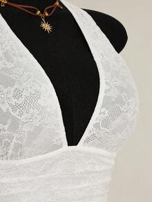 SHEIN ICON Y2k 女士黑色性感哥特风露背俱乐部演唱会蕾丝吊带深V领收腰A字露背吊带衫，夏季 - 白色 - 查看 11