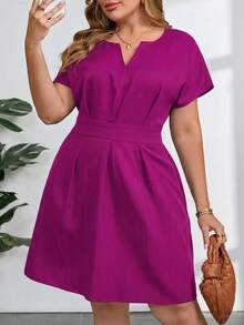 SHEIN Clasi 大码纯色V领系带优雅夏季连衣裙 - 中紫紅色 - 查看 5