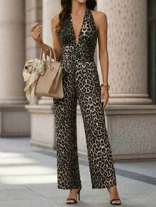 Editum Women's Elegant Brown Leopard Print Halter Tie Waist Jumpsuit,Seksi Chic Ruched Straight Leg Outfit For Summer Vacation,Holiday Cocktail Party Club - Multicolor - View 4
