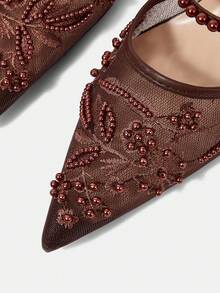 CUCCOO HITCHD Women Shoes Spring And Autumn New Elegant Temperament Mesh Embroidery Beaded Pointed Heel Medium Heel Retro Style Solid Color Women's High Heel Shoes Daily Commuting Dating Banquet Versatile Women's Shoes - Brown B - View 5