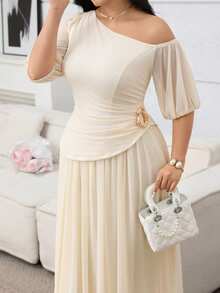 Conjunto informal de 2 piezas de talla grande para mujer con top asimétrico de hombro y decoración metálica, y falda de unicolor - Albaricoque - Ver 4