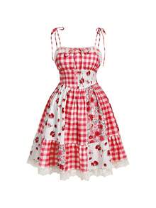 Sweetness Plus Size Cute Countryside Style Patchwork Strawberry Plaid High Waist Vacation Dress, Spring/Summer - Red - View 1