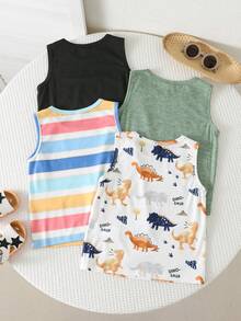 SHEIN Mua 3 tặng 1, bộ 4 áo tank top thoải mái, đa năng, họa tiết khủng long dễ thương và sọc màu sắc cho bé trai và bé gái, phù hợp cho mùa xuân/hè, mặc hàng ngày, thể thao, dã ngoại, đi học, dự tiệc, kỳ nghỉ, chụp ảnh, mùa tựu trường. - Nhiều màu - Xem 3