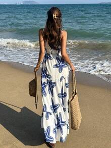 Breezaya Đầm nữ phong cách châu Âu và Mỹ, họa tiết biển, kiểu dáng thắt eo, thích hợp cho kỳ nghỉ hè. - Xanh và trắng - Xem 2