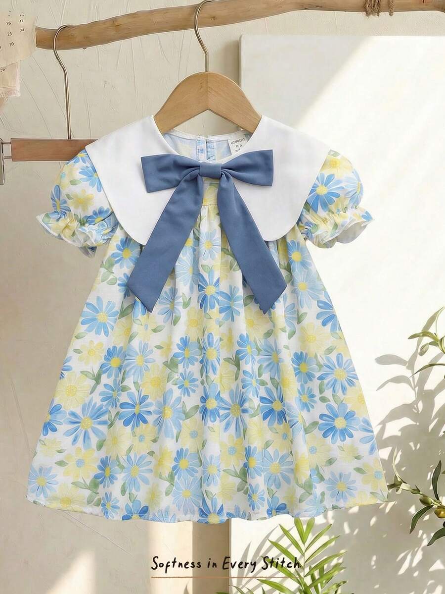 Cozy Pixies 女嬰花卉圖案蝴蝶結裝飾短澎澎袖可愛洋裝 - 彩色 - 查看 1