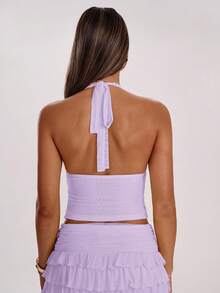 SHEIN BAE Women's Solid Color Pleated Halter Backless Casual Tank Top, Summer,Summer Top - Mauve Purple - View 2