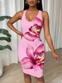 Eryvara Gaun Bodycon Tanpa Lengan Slim Fit Berlipit Motif Tie Dye untuk Pakaian Tahun Baru - Berwarna merah muda - View 5
