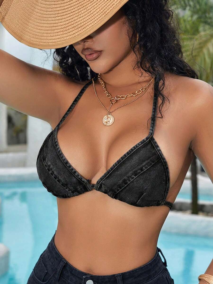 SHEIN SXY Áo croptop denim nữ, áo bikini cổ yếm gợi cảm, áo croptop denim dự lễ hội âm nhạc, áo ngắn không tay màu xanh dương. - màu đen - Xem 1