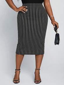 Fleurora Spring And Summer Elegant Office Work Black And White Knitted Stripe Midi Plus Size Skirts Plus Size Fitted Striped Stylish Summer Minimalist Design Skirt Summer Clothes Summer Outfits For Women Summer Outfits Pencil Skirts For Women Business Casual Women Outfits Plus Size Yrack Suits For Ladies Black And White Striped Skirt Black And White Striped Dress Office Outfits For Women Elegant Outfits For Women Business Casual Women Outfits Plus Size - Multicolor - View 5