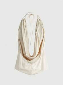 ROMWE Grunge Punk Y2K Sexy Deep V-Neck Halter Backless Embroidered Button Women Tank Top - Apricot - View 3
