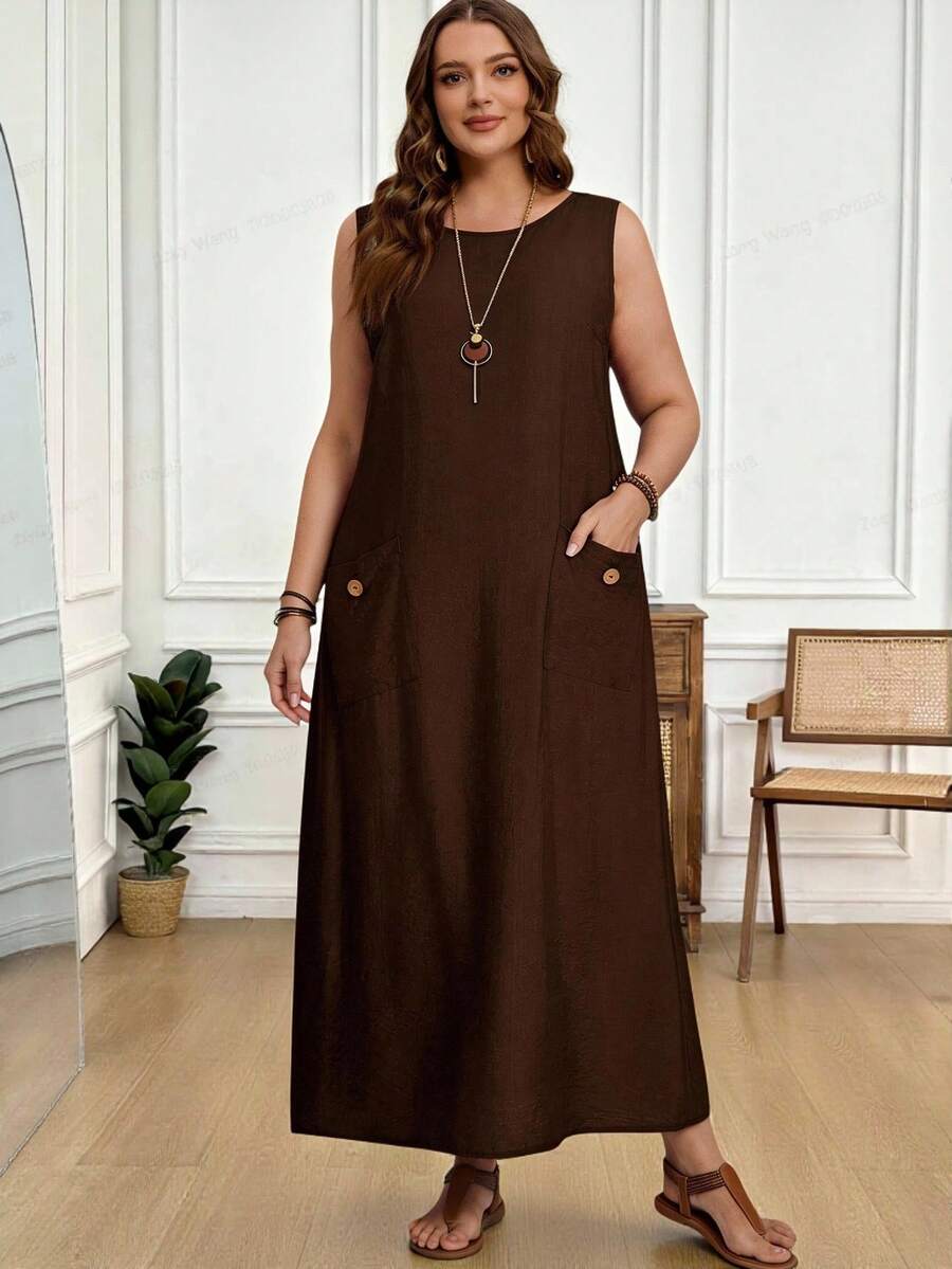 Rosumi 大尺碼棕色拼接V領蝙蝠袖七分袖兩件套 優雅波希米亞休閒正式度假風 2026夏季 - 咖啡棕 - 查看 1